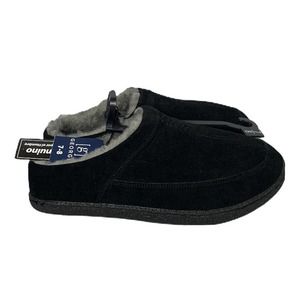 NEW George Mens Black Genuine Leather Faux Fur Lined Scuff Slippers Black Sz 7-8
